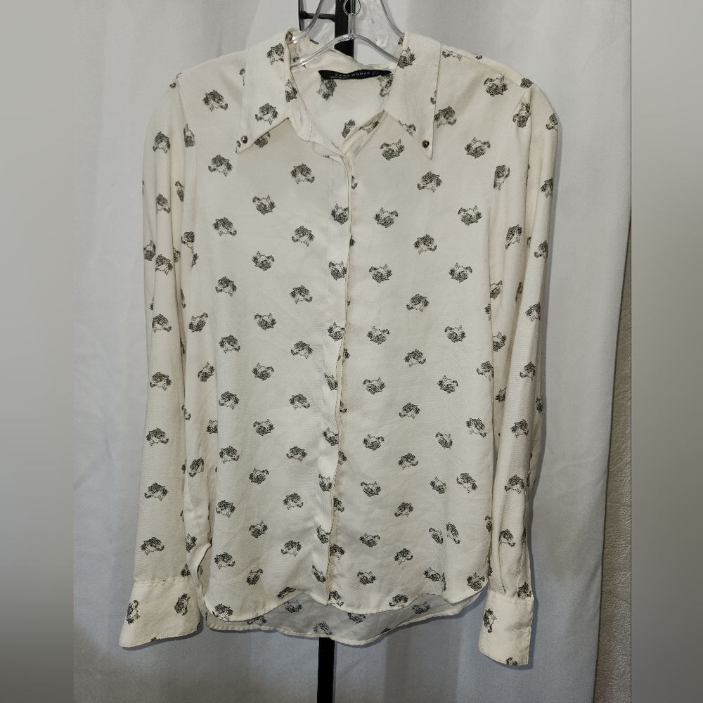 Zara Leopard Head Print White And Black Button Down Blouse